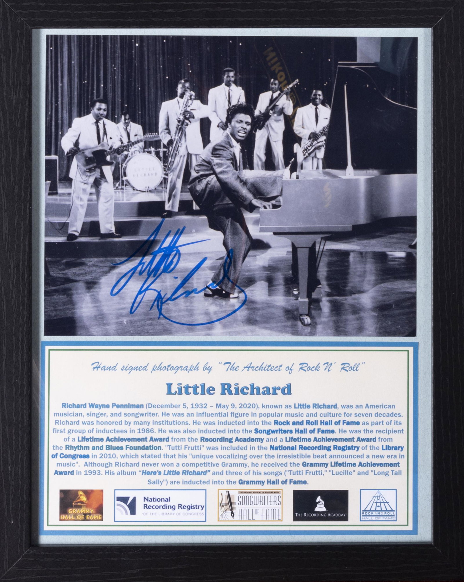 Little Richard Signed Photo: Hand signed Black and White concert photo by Little Richard, "The Innovator of Rock and Roll". His charismatic showmanship and dynamic music, characterized by frenetic piano playing, pounding back bea