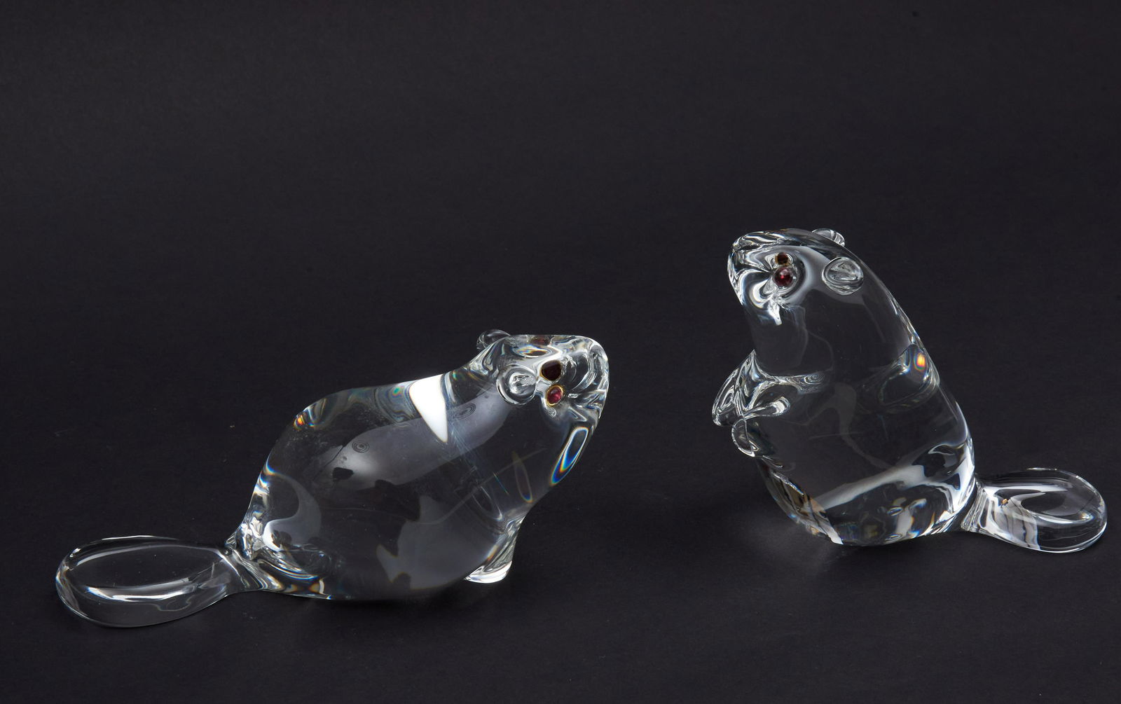 Two Steuben Crystal Beavers with "Ruby" Eyes Length of (1 of 1)