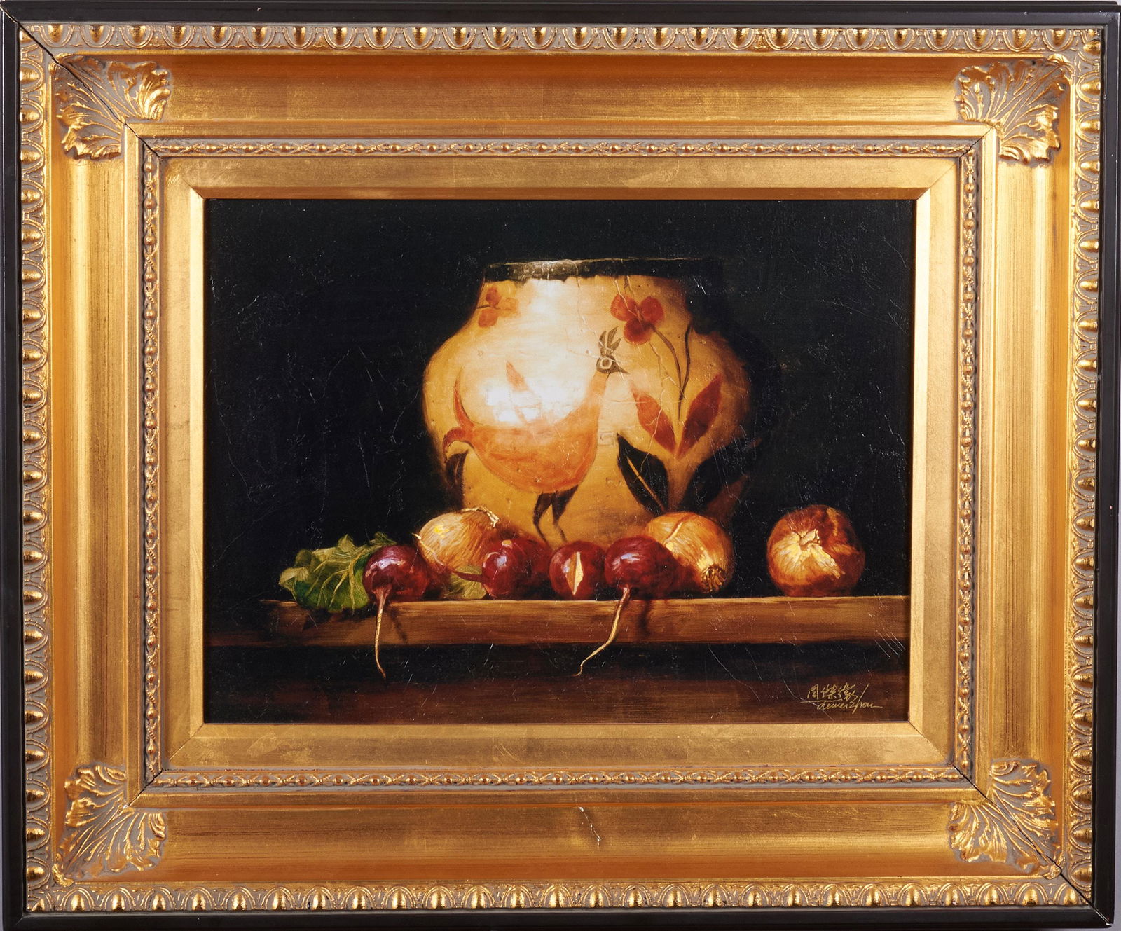 Jie Wei Zhou, New Mexico/ Chimna (b. 1962), Zia Pot: Jie Wei ZhouNew Mexico/ Chimna, (b. 1962)Zia Pot with OnionsHand enhanced Gicleesigned lower right, framed.12 x 16 inches