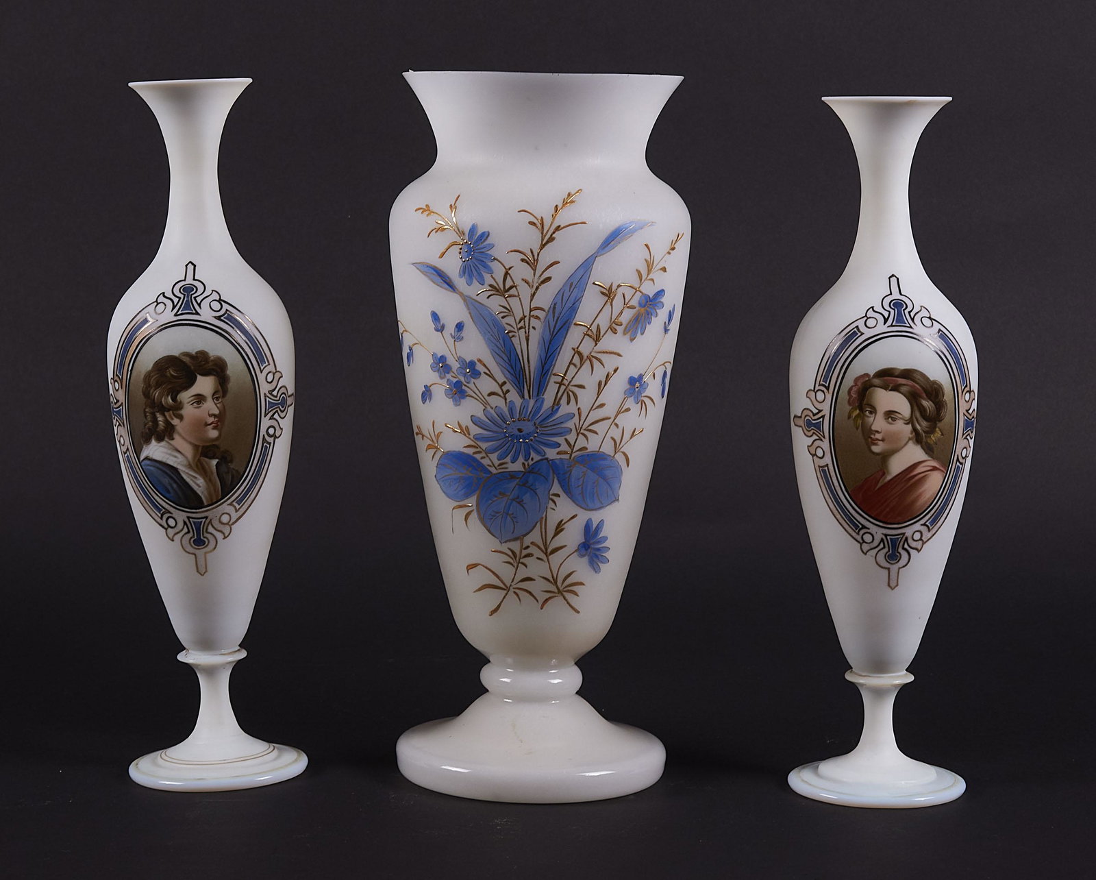 19th Century English Hand Painted Bristol Glass Vases: 19th Century English Hand Painted Bristol Glass Vases Including a pair of portrait vases, together with a floral and gilt decorated vase. (Three pieces) Property from a Prominent Saint Louis Estate He