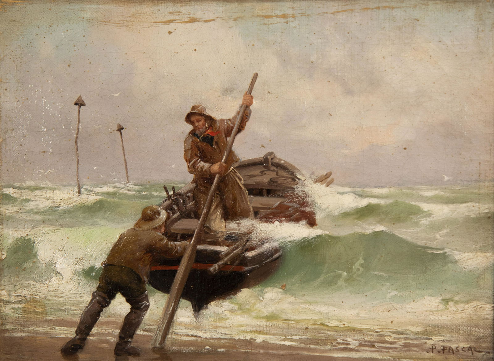 Paul Pascal, France (1867-1945), Fishermen in Choppy: Paul PascalFrance, (1867-1945)Fishermen in Choppy Wateroil on canvassigned lower right, gilt-framed.9 1/2 x 12 1/2 inches