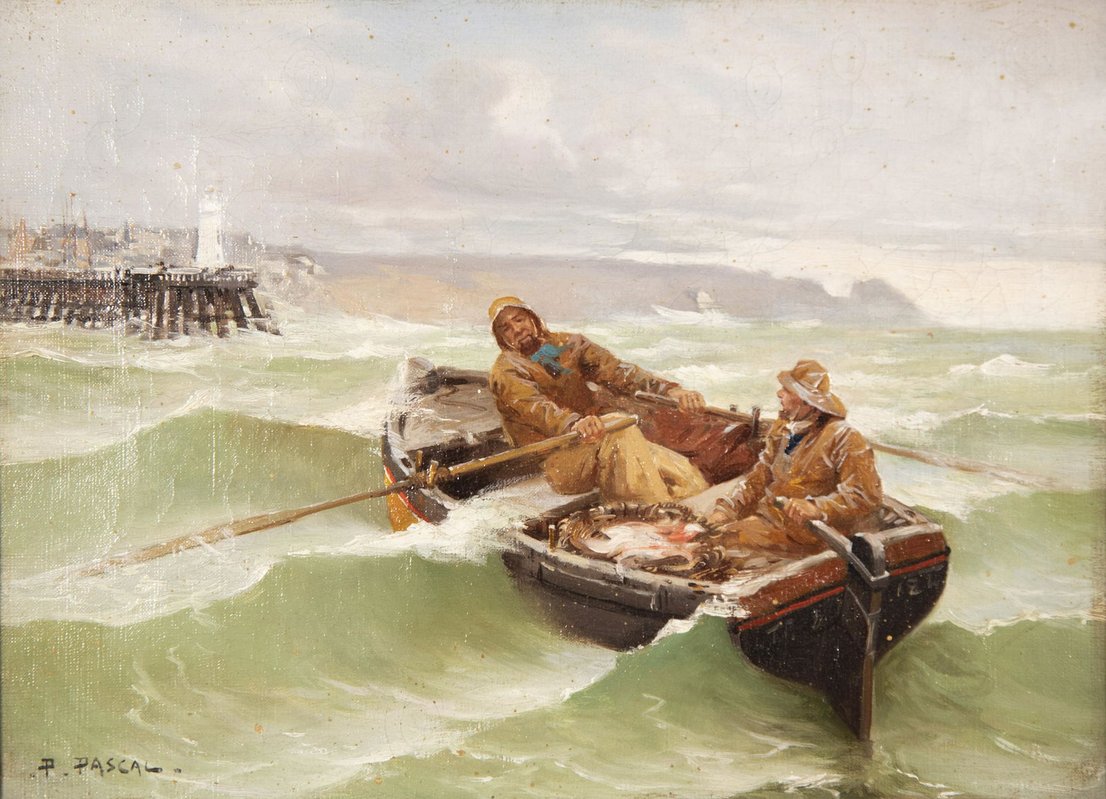 Paul Pascal, France (1867-1945), Fishermen in Choppy: Paul PascalFrance, (1867-1945)Fishermen in Choppy Seas with Distant Lighthouse and Pieroil on canvassigned lower left, gilt-framed.11 x 13 inches