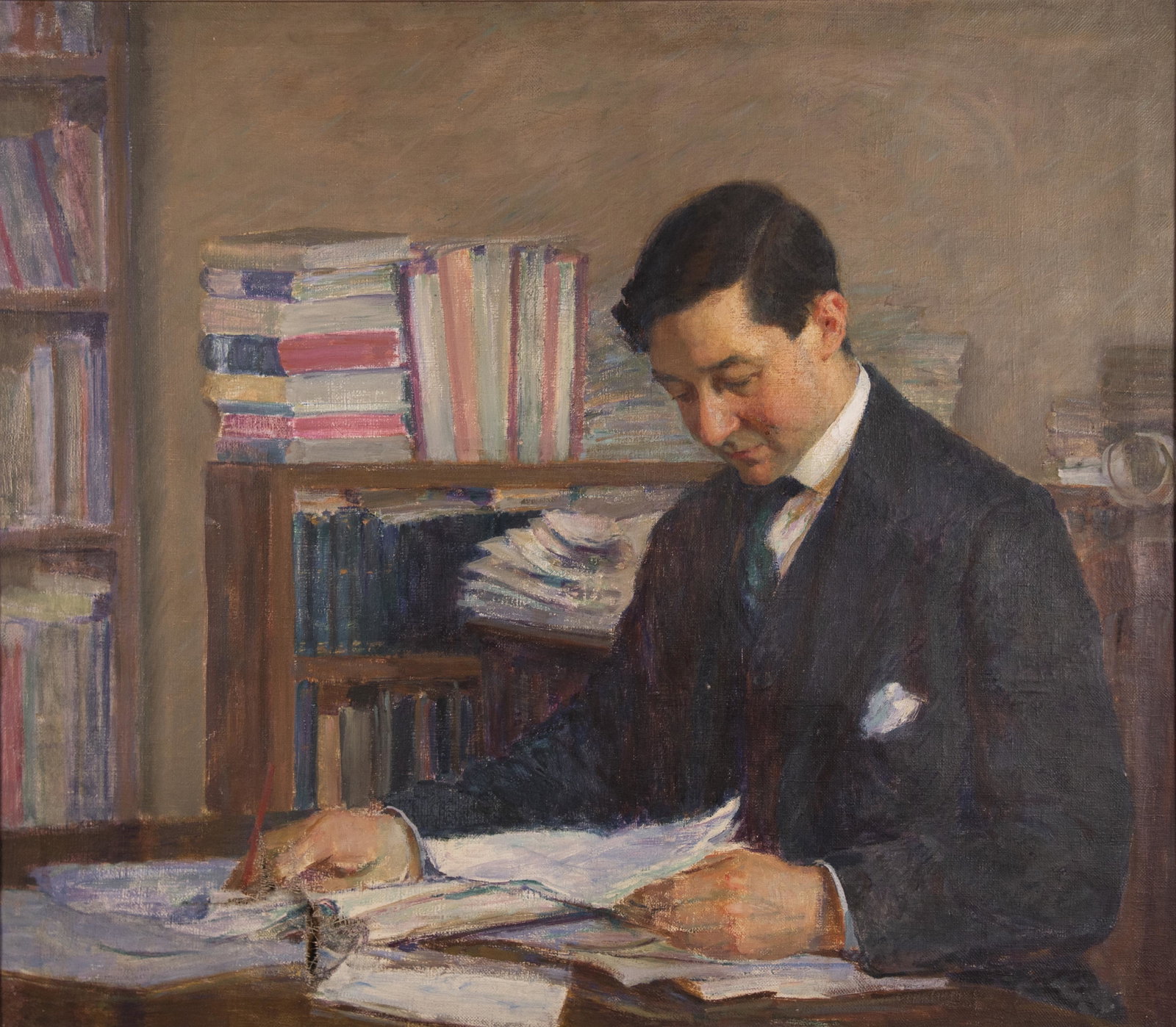 Joel Levitt, New York / Russian Federation (1875-19370,: Joel Levitt New York / Russian Federation, (1875-19370 Self-Portrait, circa 1925 oil on canvas unsigned, tear to canvas, gilt-framed. 34 1/2 x 40 inches