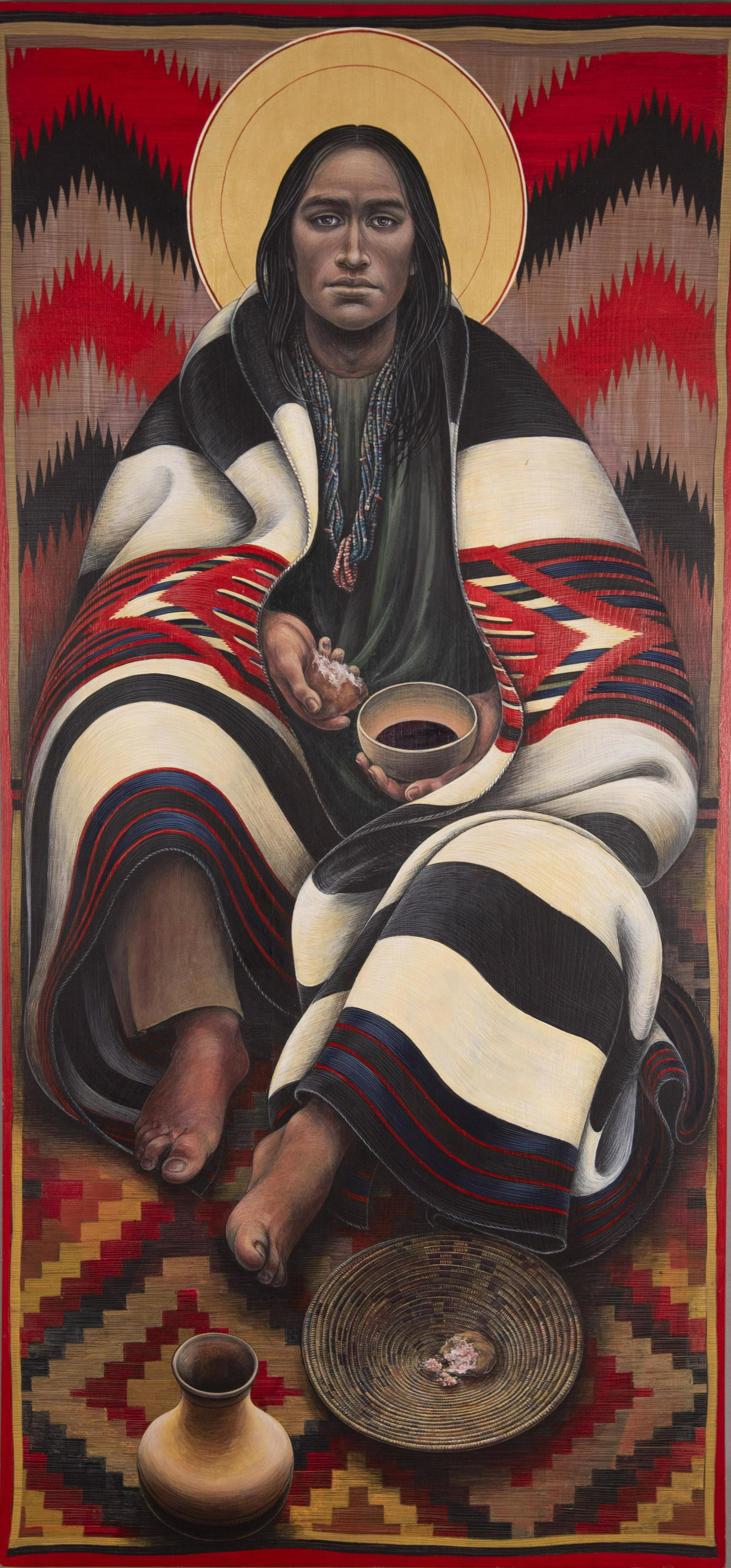 Father John Giuliani, Redding, Connecticut (1932-2021),: Father John Giuliani Redding, Connecticut, (1932-2021) Navajo Christ, 1997 oil on wood painted in the style of an icon, titled and signed on the reverse, unframed. 48 x 22 1/2 inches