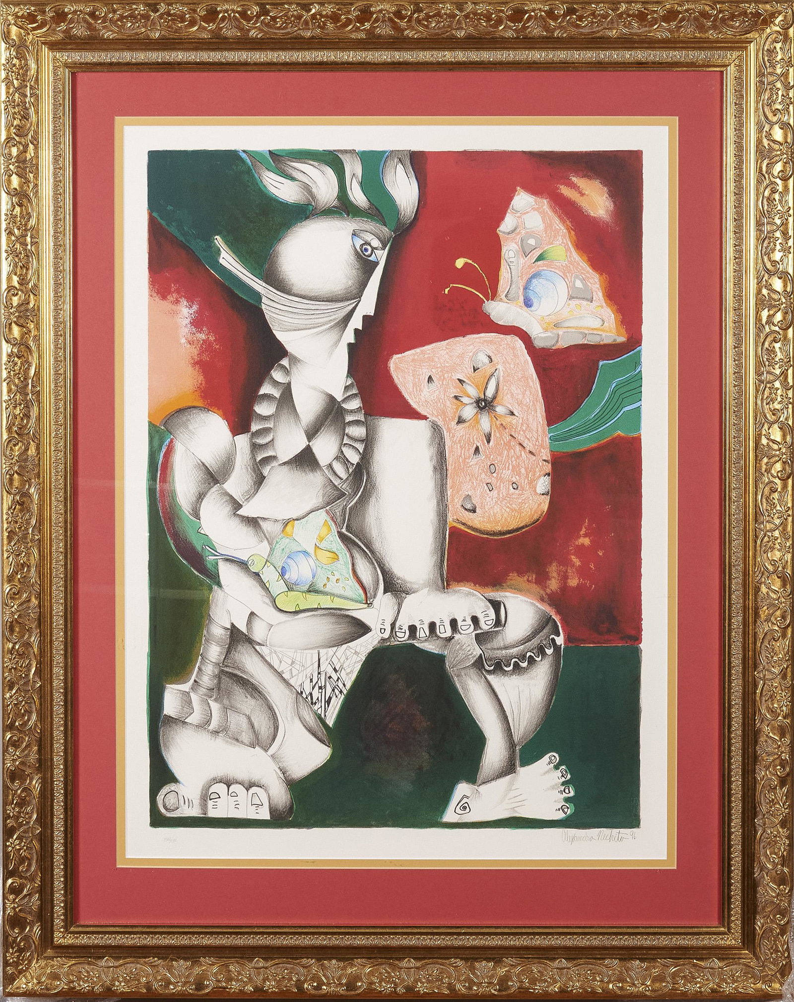 Alexandra Nechita, American (b. 1985), Cubist Figure,: Alexandra Nechita American, (b. 1985) Cubist Figure, 1996 screenprint signed and dated in pencil lower margin, blindstamped, framed. 27 x 19 inches