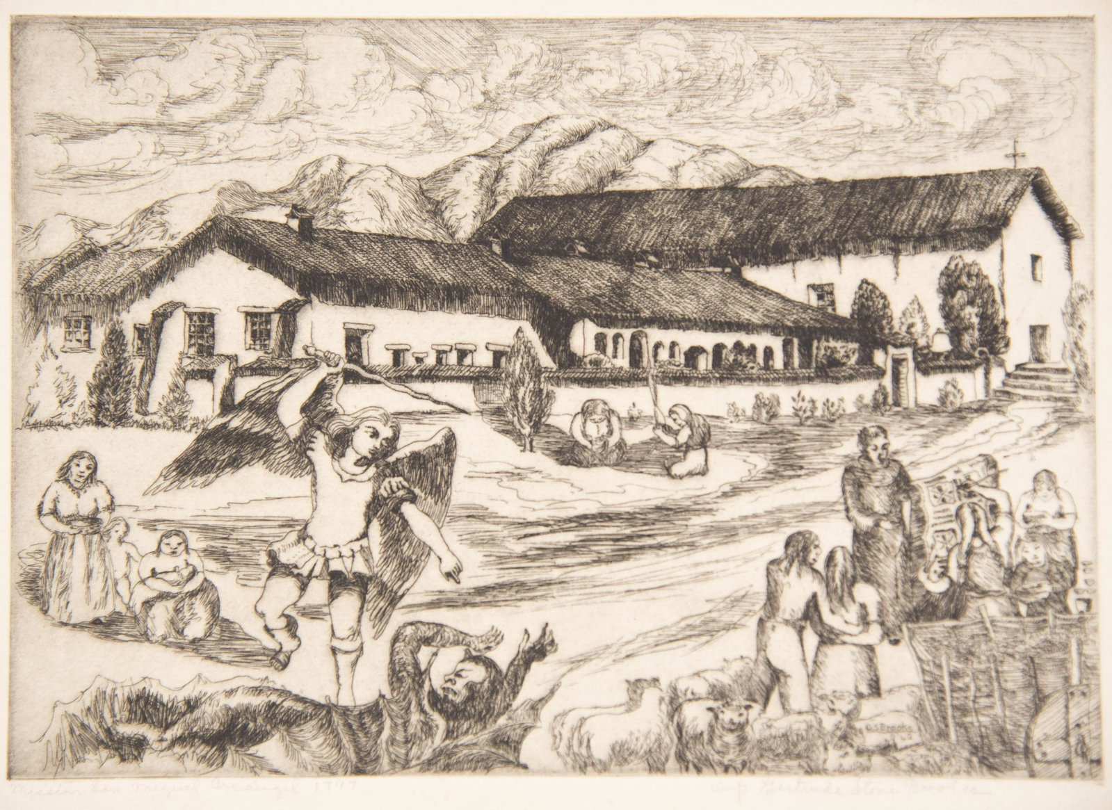 Gertrude Stone Brooks, California (1900-1978), San: Gertrude Stone Brooks California, (1900-1978) San Miguel Archangel, San Jose de Guadalupe, Soledad Mission and Mission San Francisco d'Assisi four etchings each signed and titled with handwritten note