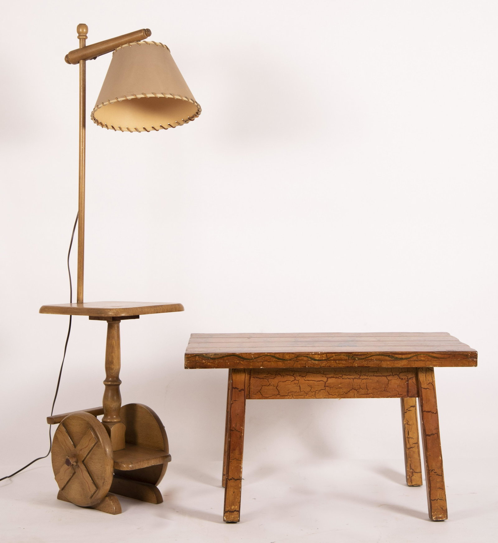 Three Pieces Monterey Style Furniture: Three Pieces Monterey Style Furniture A coffee table with painted vignette of a MExican man with donkey; a floor lamp, and a mirror