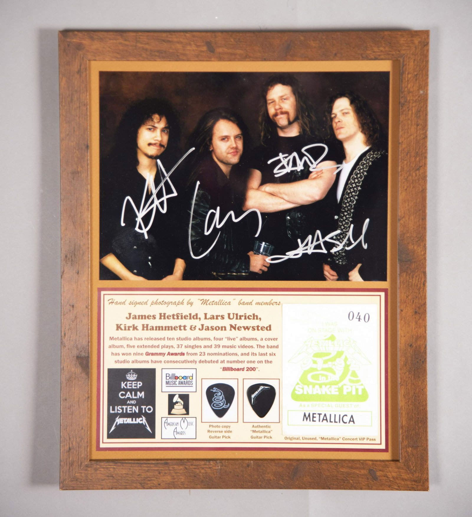 Metallica Signed Photo/ Concert Pass/ Pick 11x14 inches: Metallica Signed Photo/ Concert Pass/ Pick Hand signed photo by all four incredibly talented, revered “Metal Band” rockers: James Hetfield, Lars Ulrich, Kirk Hammett, and Jason Newsted. Winner of 
