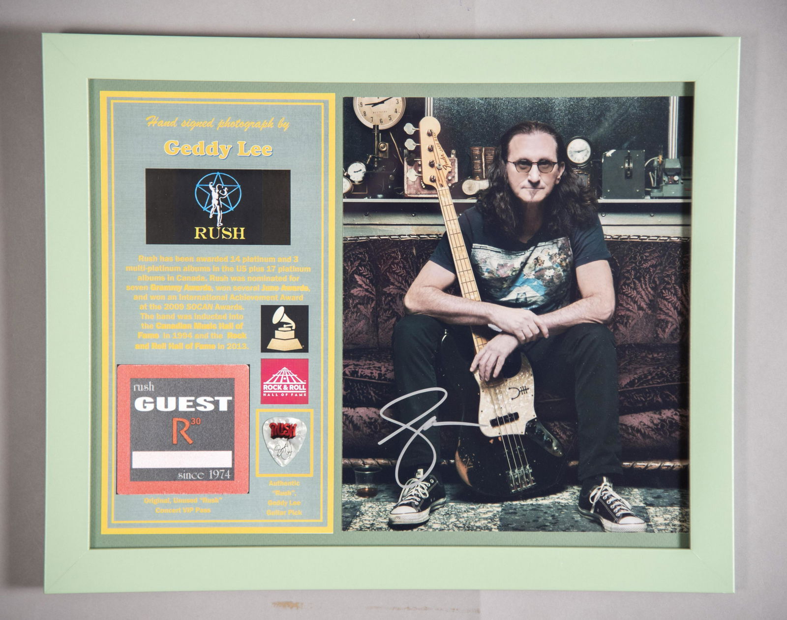 Rush Signed Photo/ Pass/ Pick 11x14 inches: Rush Signed Photo/ Pass/ PickHand signed photo by Geddy Lee, vocalist and bassist for the beloved “Rush” band, multi awards won and inducted into the Rock and Roll Hall of Fame in 2013. Includes a