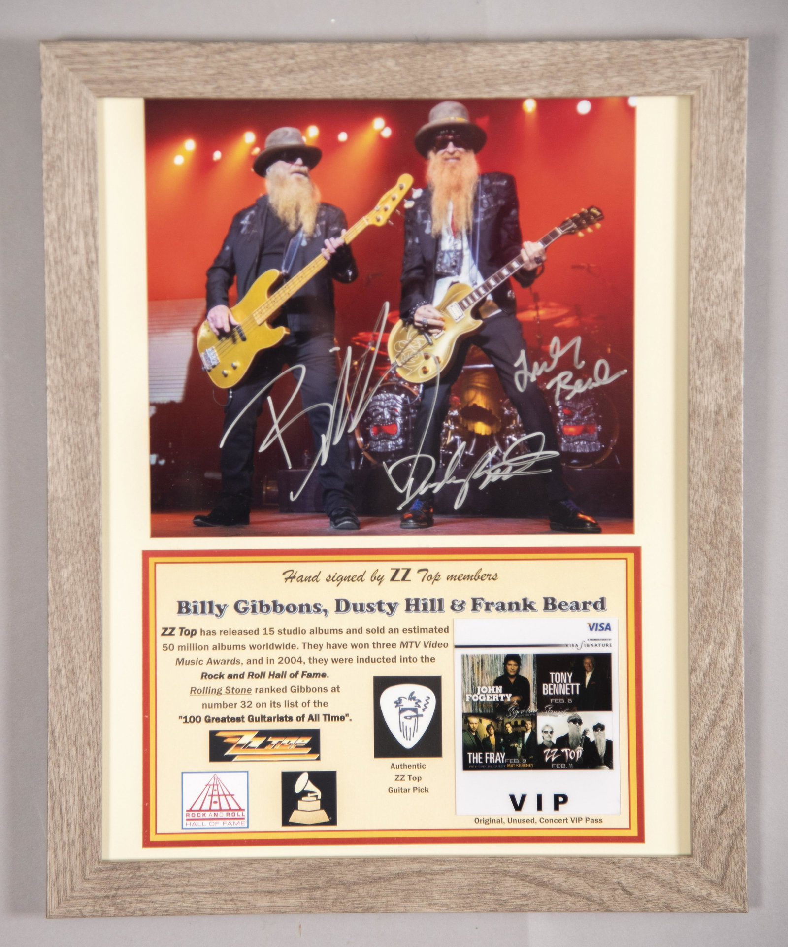 ZZ Top Signed Photo/ Pick 11x14 inches: ZZ Top Signed Photo/ Pick Hand signed photo by all three “ZZ Top” members: Billy Gibbons, Dusty Hill and Frank Beard. Includes original concert VIP pass and Billy’s signature logo guitar pick. C