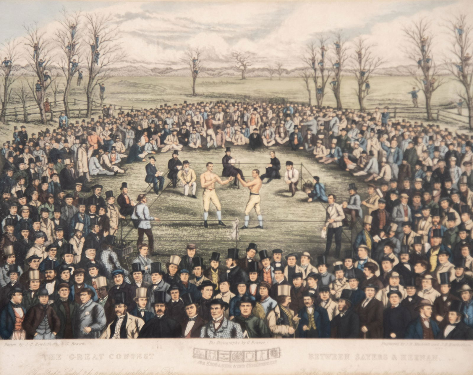 James Ward, J.R. Mackrell and J.B. Rowbotham: The Great: James Ward, J.R. Mackrell and J.B. Rowbotham: The Great Contest Between Sayers and HeenanHand-colored lithograph, Published by C. Roker, framed.18 x 22 1/2 inches (sight)