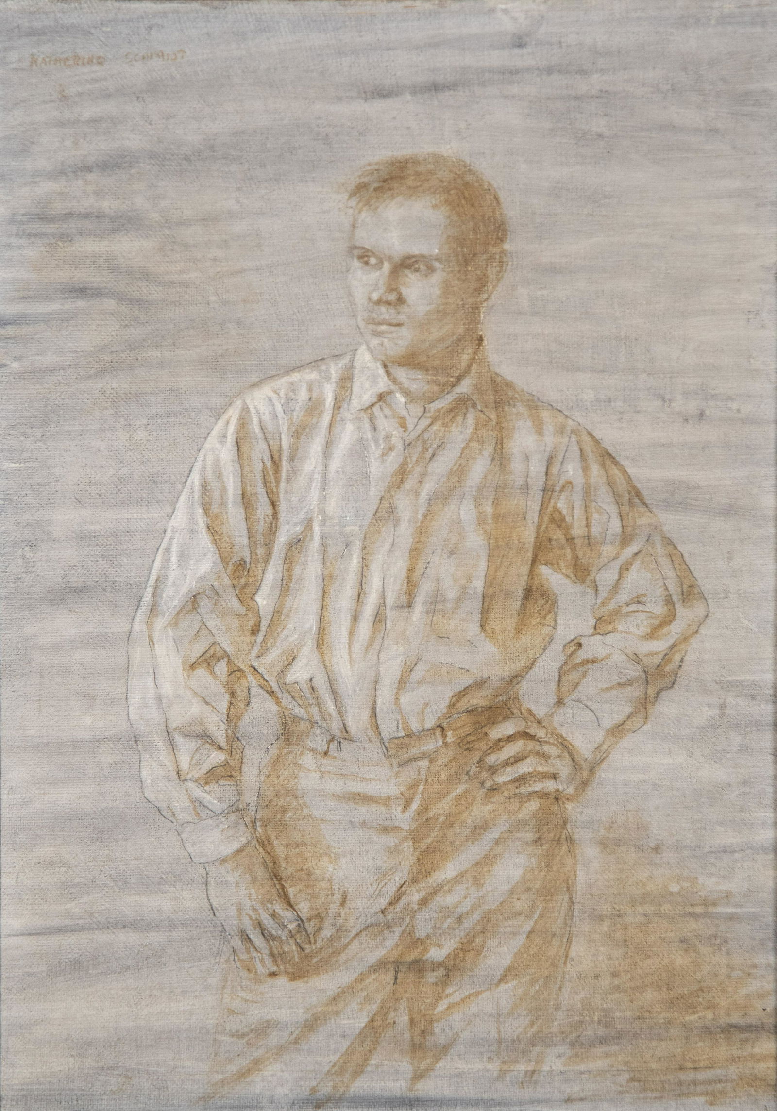 Katherine Schmidt, American (1898-1978), Ash Can: Katherine SchmidtAmerican, (1898-1978)Ash Can School, Portrait of a Man, circa 1925oil and graphite on canvasboardsigned upper left, mid-century wormwood frame.14 x 10 inches