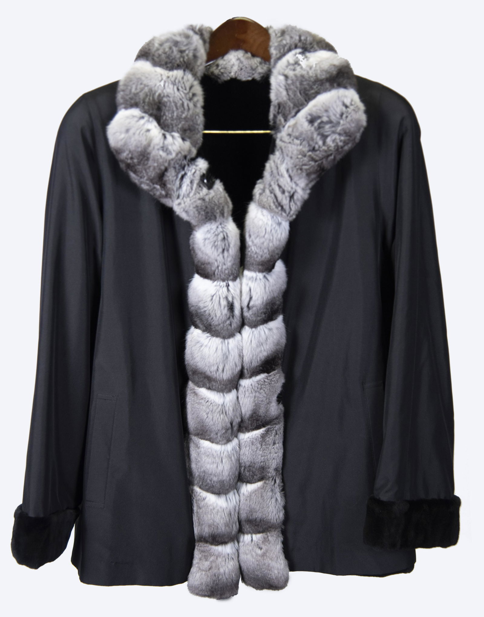 Black Reversible Fur Long Jacket with Chinchilla Collar (1 of 1)