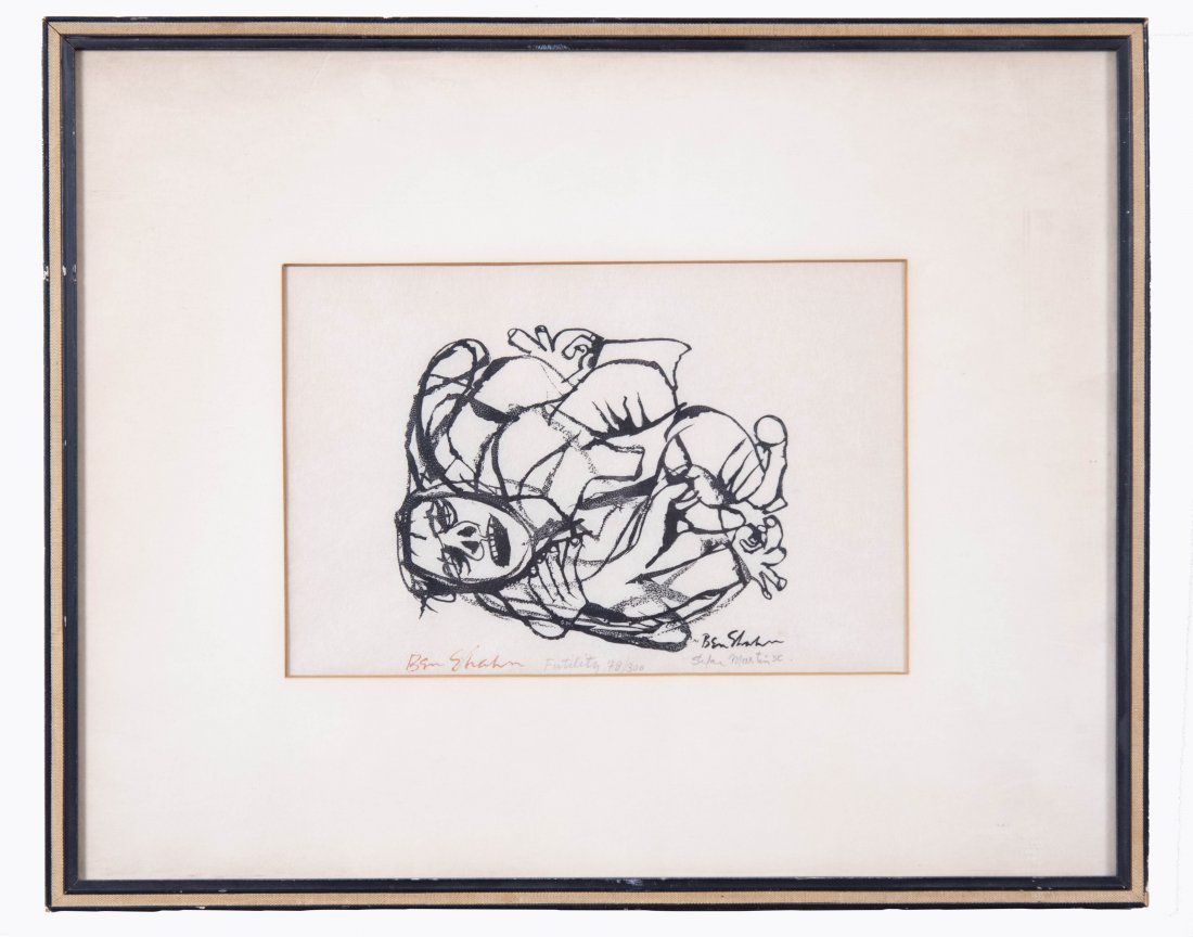 Ben Shahn, American (1898-1969), Futility, woodcut, ed.: Ben ShahnAmerican, (1898-1969)Futilitywoodcut, ed. 78/100signed in red ink by by Ben Shahn and by the printer, Stefan Martin in pencil, numbered and titled in pencil, framed.6 x 9 inches