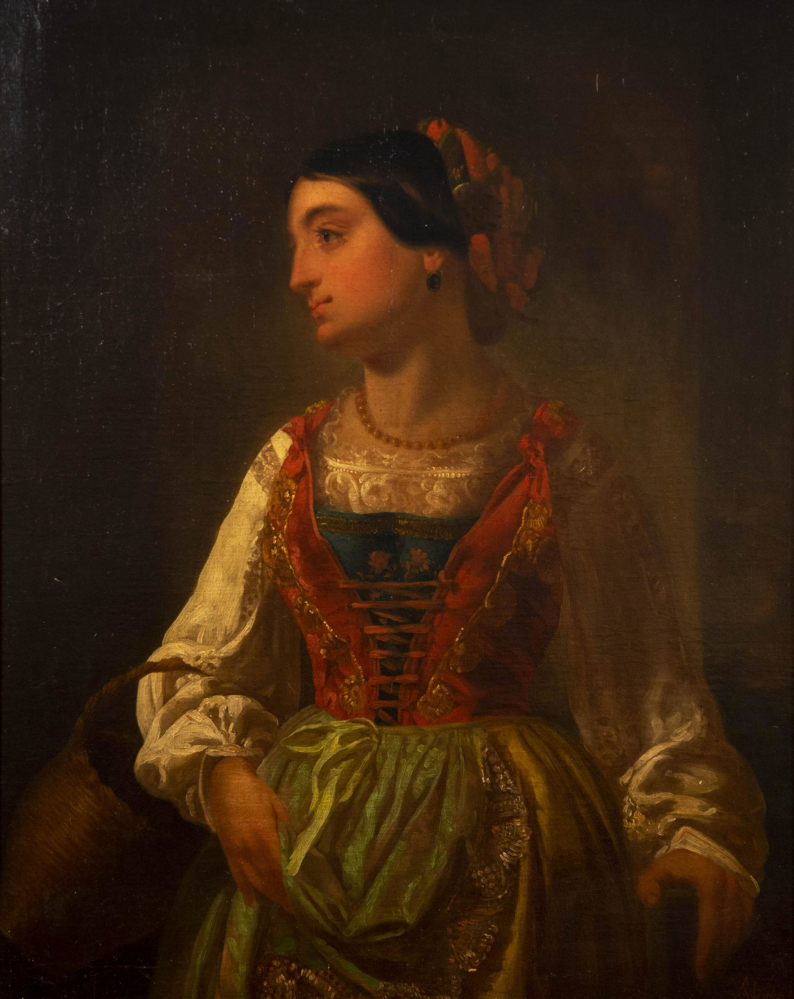 , Continental School 19th Century, Three-quarter length: Continental School, 19th Century Three-quarter length portrait of a woman oil on canvas signed indistinctly lower right, framed. 36 X 29 inches