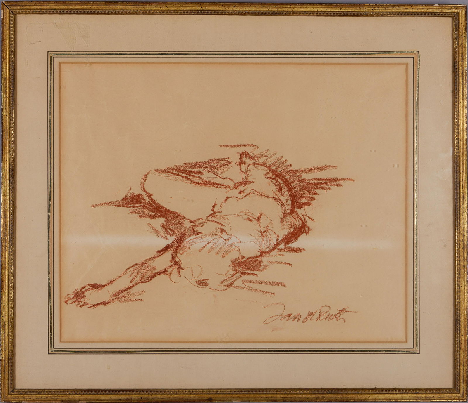 Jan de Ruth, Czech/American 1922 - 1991, Female Nude: Jan de RuthCzech/American, 1922 - 1991Female Nude Sketchwax pencil on paperSigned lower right in wax pencilWoman is laying down with her arm stretched out and leg bent, view is from behind her head an