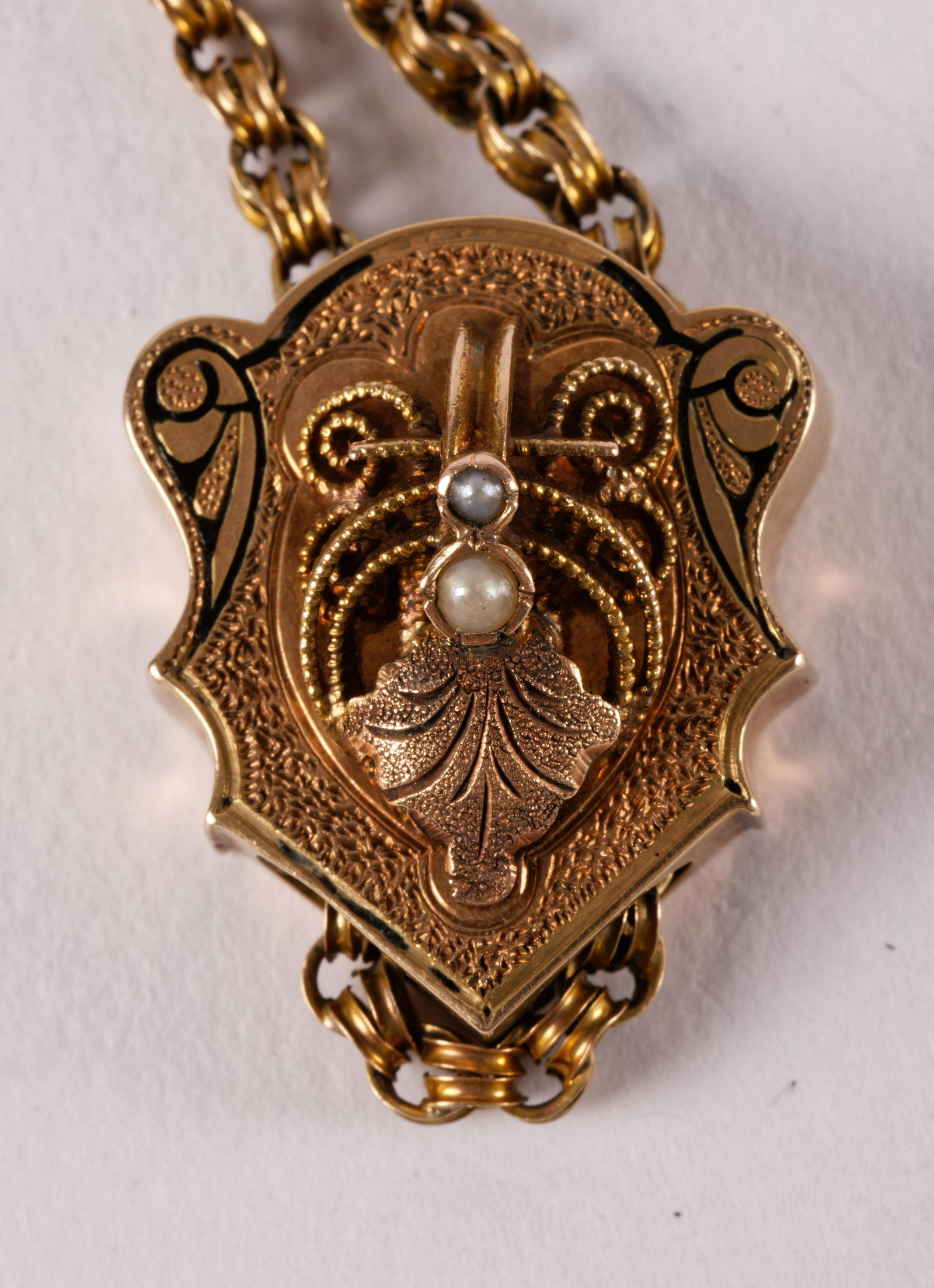 Antique Yellow Gold Watch Fob and Chain: Antique Yellow Gold Watch Fob and ChainTested 14kt yellow gold, some gold-filled repair rings. Broken and in parts. with seed pearl.From the Estate of Roberta Folonie Schuetz