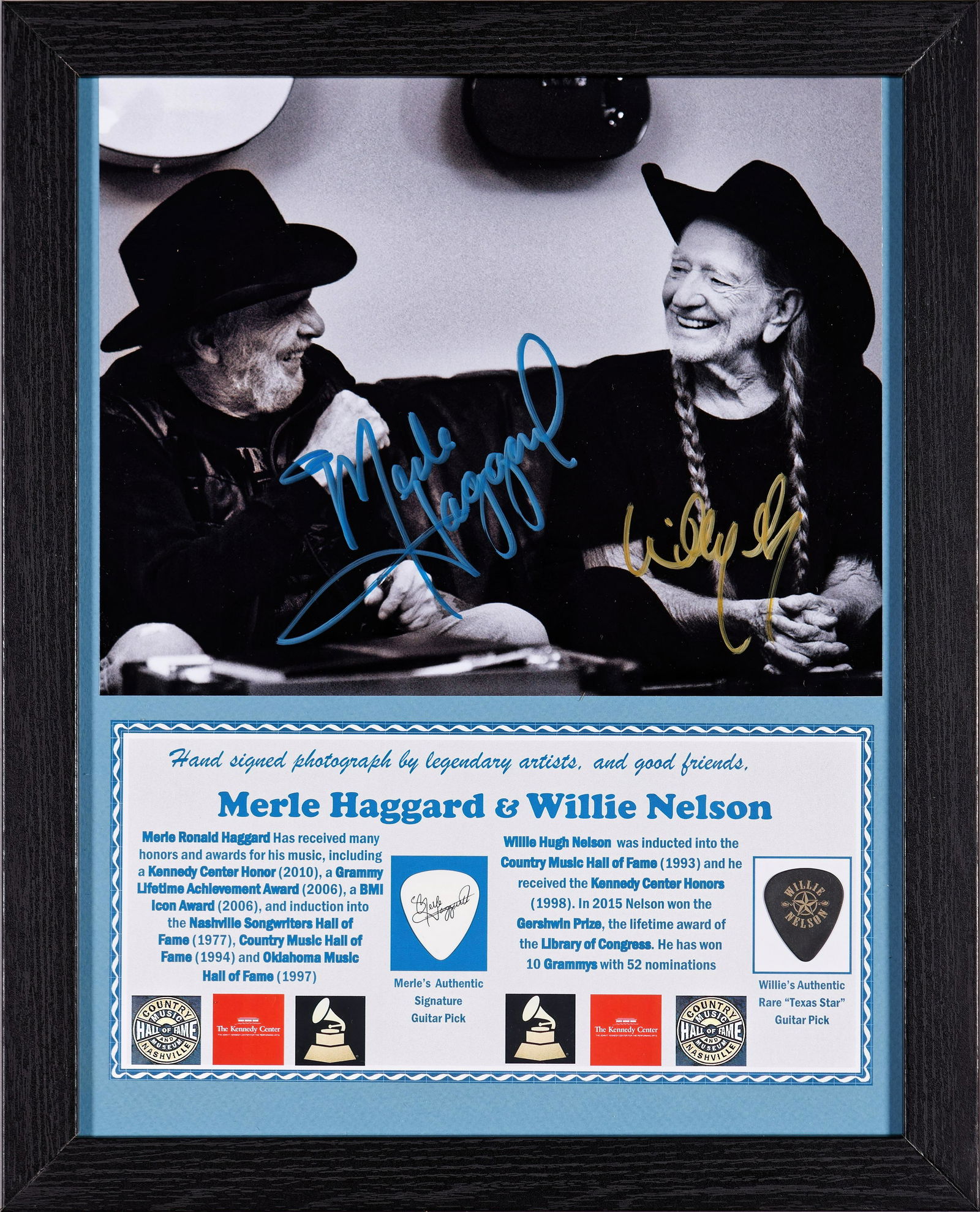 Willie Nelson, Merle Haggard Signed Photo/ Two Picks (1 of 2)