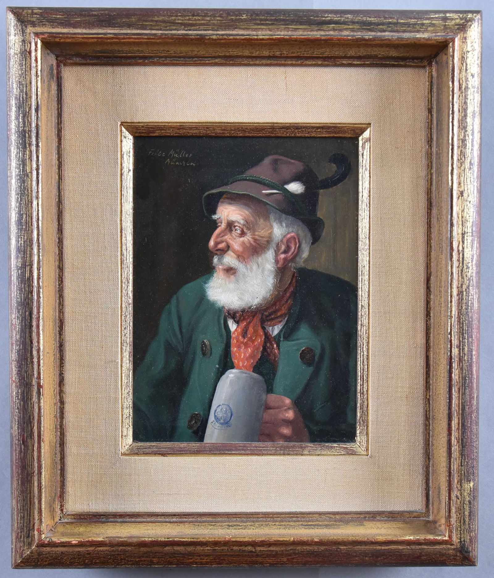 Fritz Muller, Germa (1913-1972), Portrait of a: Fritz MullerGerma, (1913-1972)Portrait of a Gentleman with Beer Steinoil on masonitesigned upper left, gilt-framed.9 x 6 1/2 inches