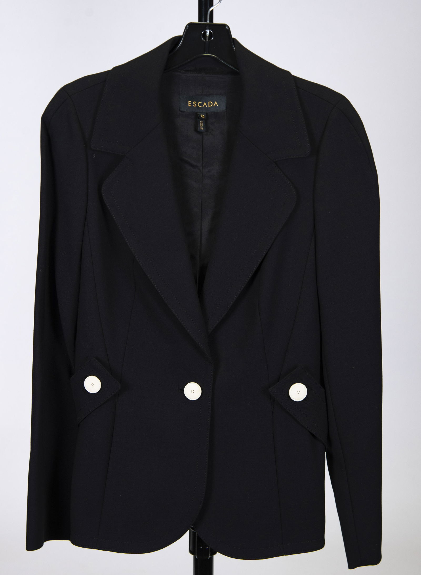 Brand New Women's Escada Black Dress Jacket: Brand New Women's Escada Black Dress Jacketsingle breasted, white buttons marked Escada, with original Escada tags, purchased from Neiman Marcus, retailed for $1,250. European size 40, Munich, Germany