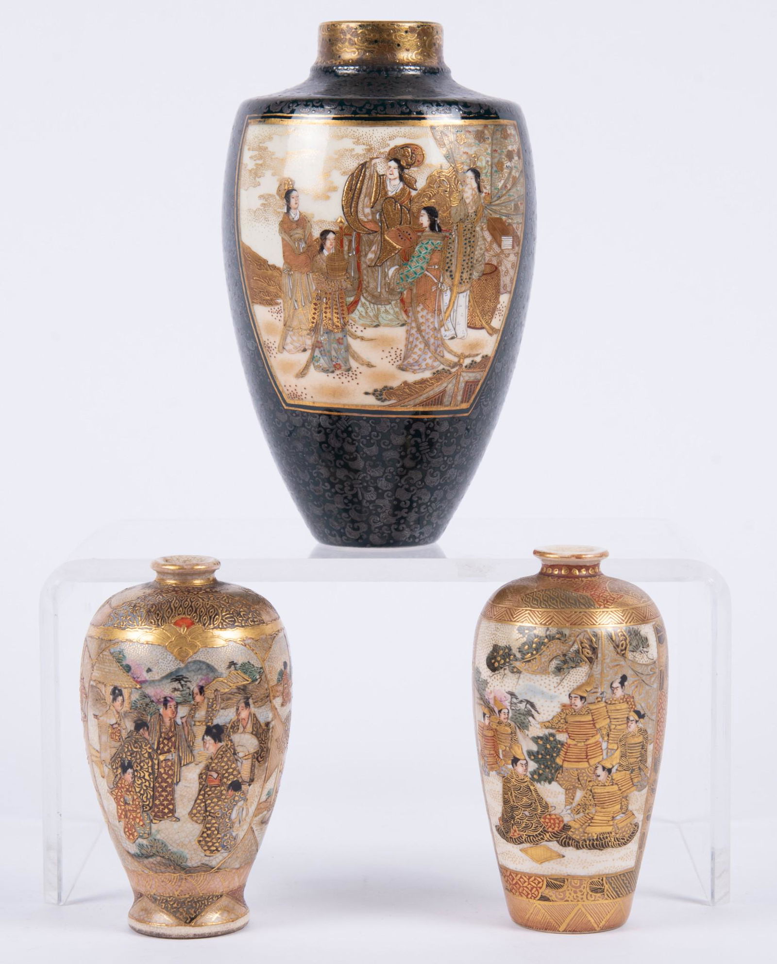 A Pair of Miniature Satsuma Vases, with a Larger (1 of 5)