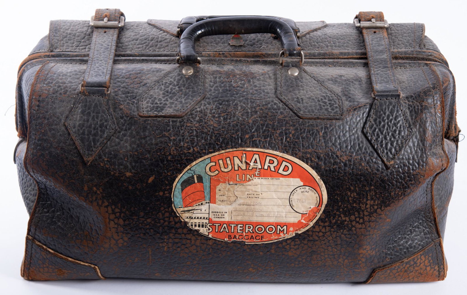 Walrus Skin Leather Travel Bag from the maker McBrine: Walrus Skin Leather Travel Bag from the maker McBrine Baggage with two travel labels from Cunard Line. 19 x 10 x 11 inches