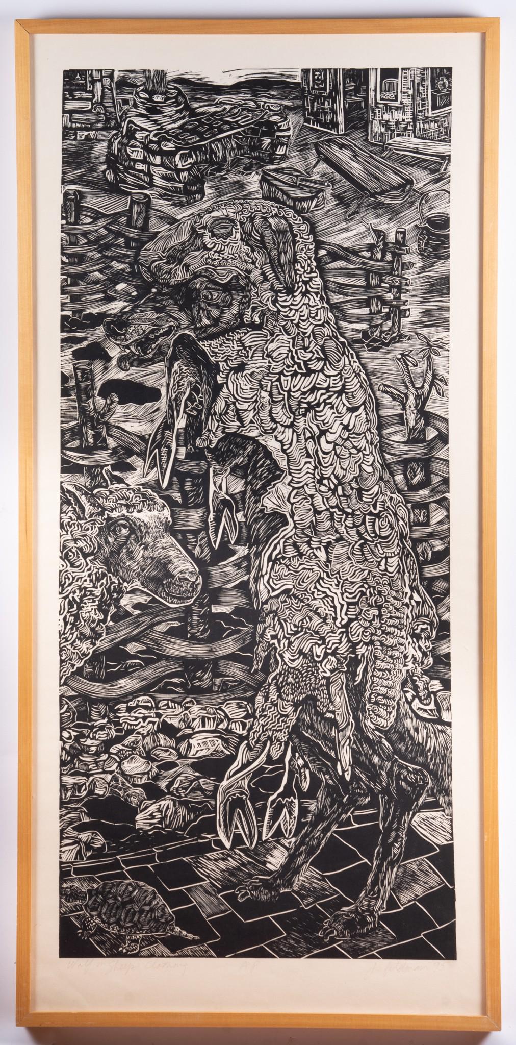 Joel Feldman, Illinois , The Wolf in Sheep's Clothing,: Joel Feldman Illinois The Wolf in Sheep's Clothing, 1995 woodcut, A.P. edition signed, dated, titled and notated in pencil lower margin, framed. Provenance: a corporate collection 48 1/2 x 21 inches