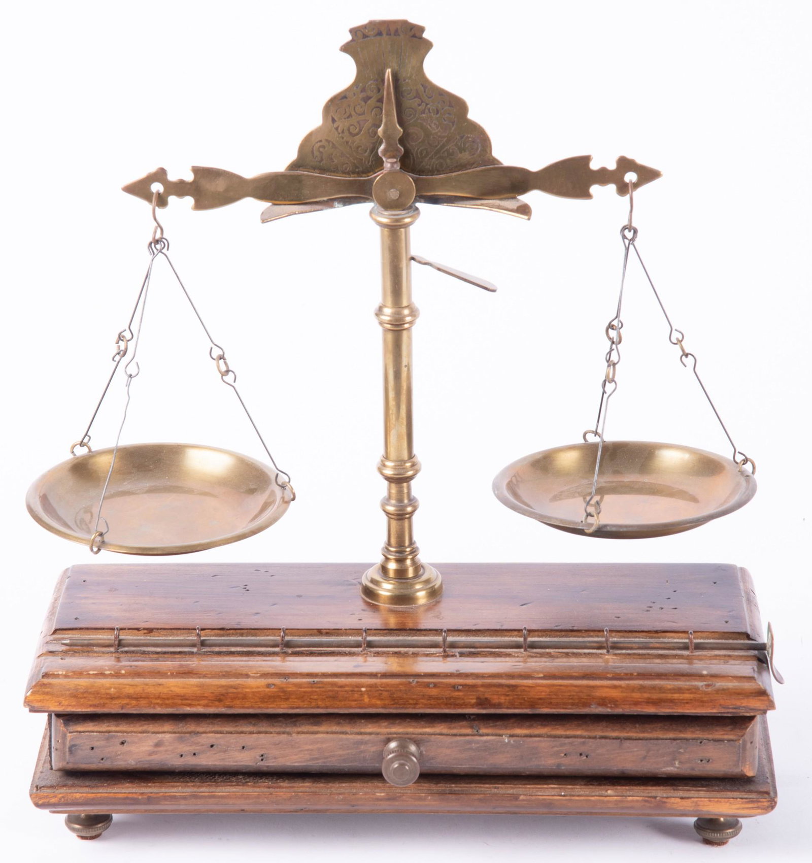 Antique Brass Scale on a Wooden Box with Drawer resting (1 of 4)