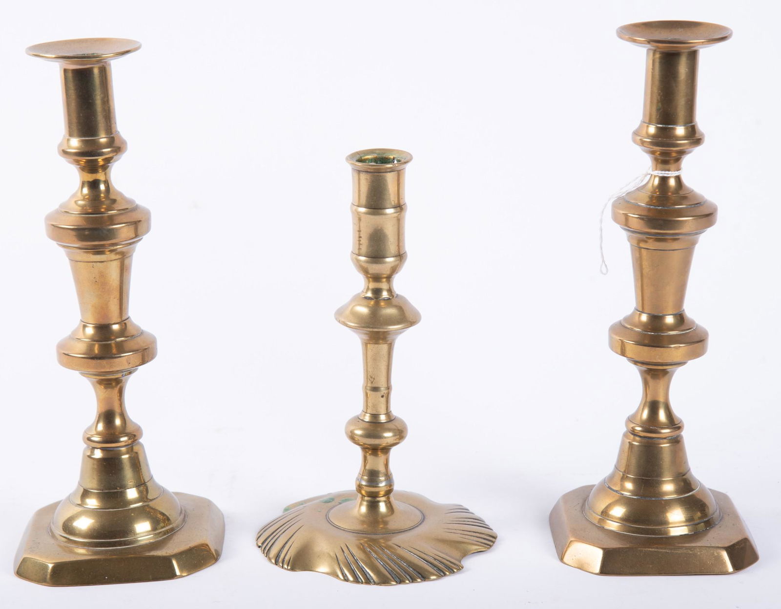 Three 19th Century Antique English Brass Candlesticks, 2 Push Up Models (1 of 4)