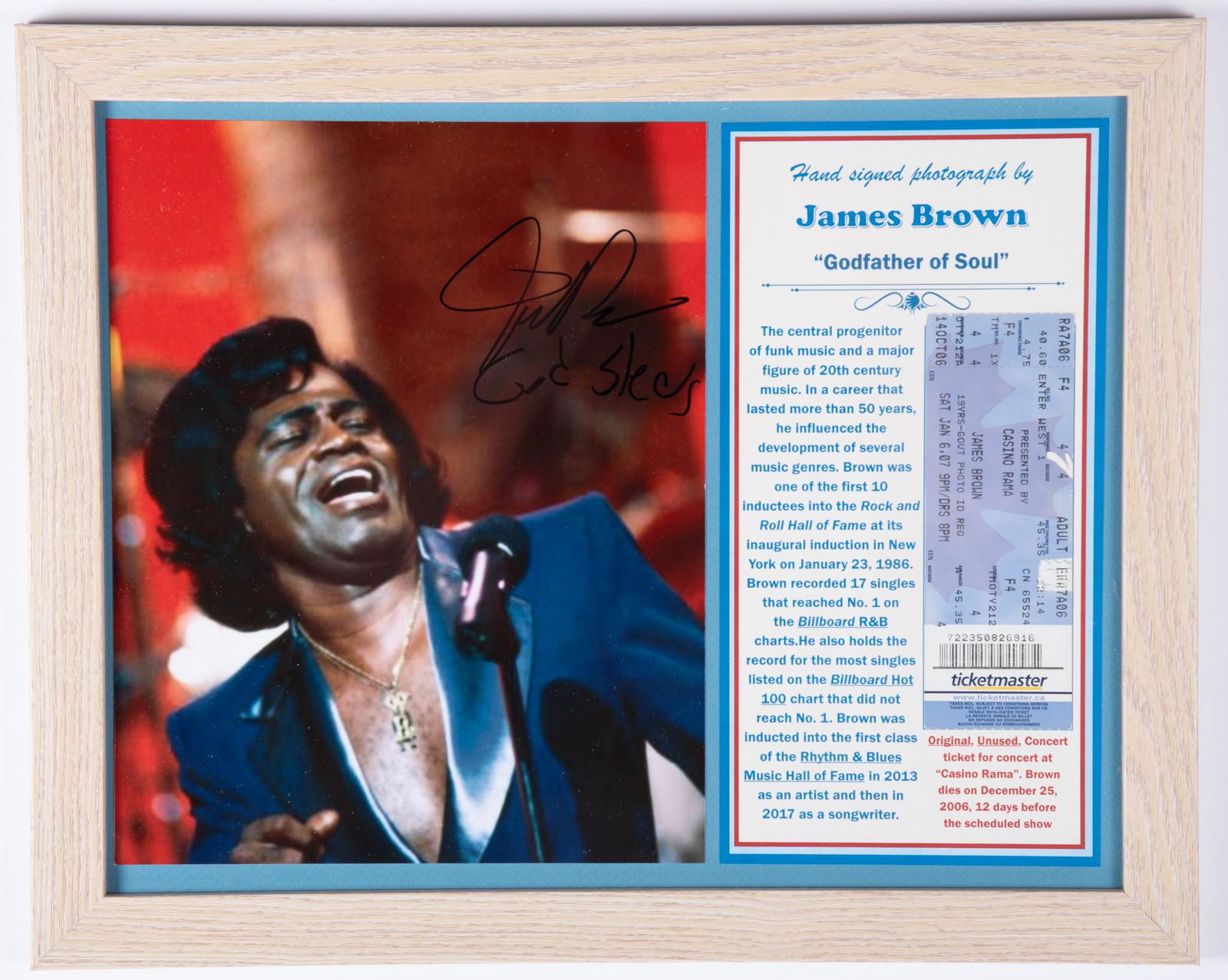 JAMES BROWN SIGNED PHOTO/ORIGNAL, UNUSED CONCERT TICKET (1 of 2)