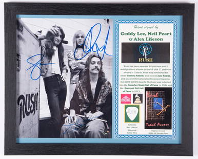 RUSH SIGNED PHOTO/VIP CONCERT TICKET/PICK: RUSH SIGNED PHOTO/VIP CONCERT PASS/PICKHand signed photo by Geddy Lee, Alex Lifeson and Neil Peart of Rush. Highly acclaimed by critics and fans alike for decades. Too many awards to list. Includes VI