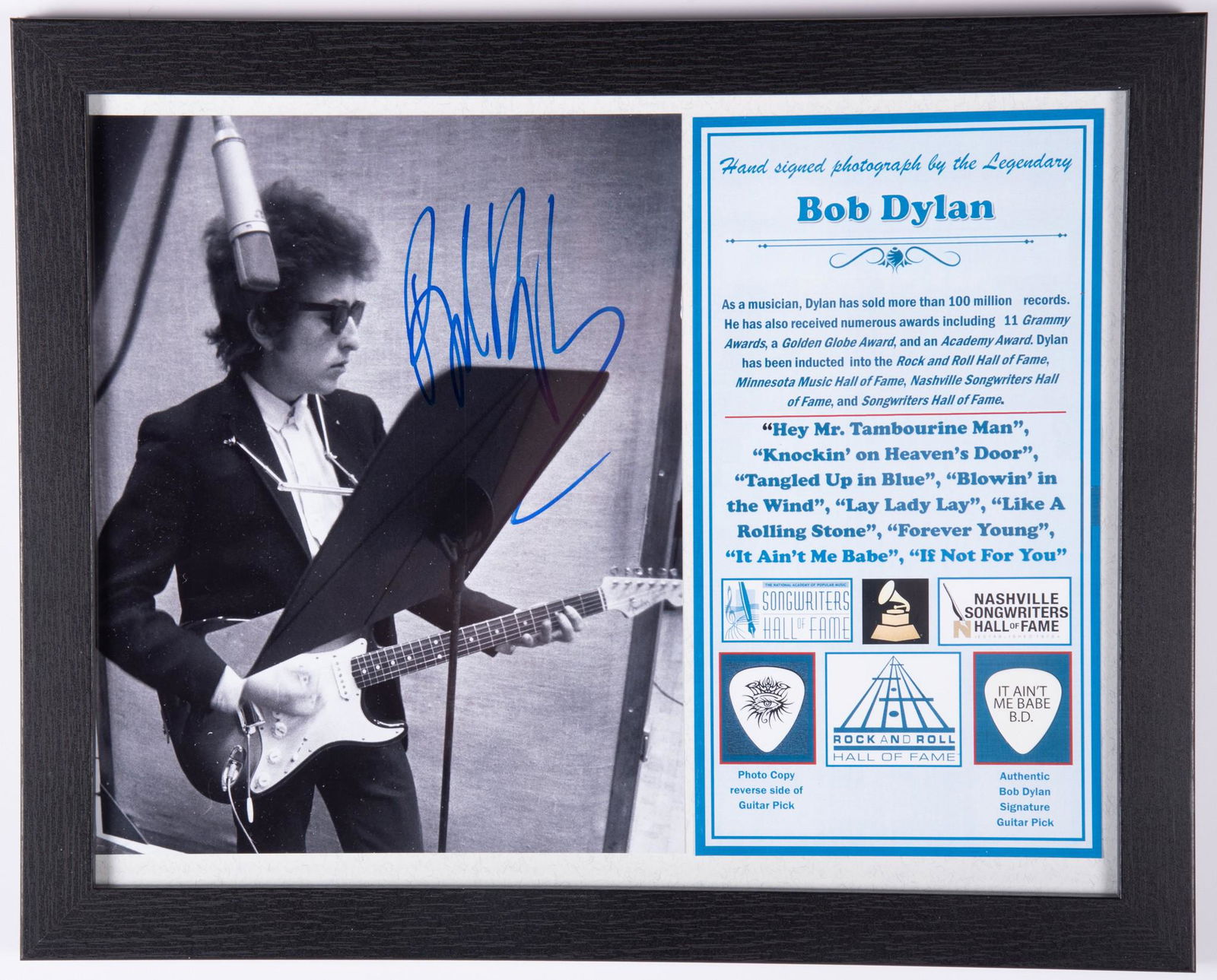 BOB DYLAN SIGNED PHOTO/PICK: BOB DYLAN SIGNED PHOTO/PICKHand signed photo by Bob Dylan, legendary, consummate musician, singer, writer of distinctive songs that influenced so many other artists. Includes his signature guitar pick