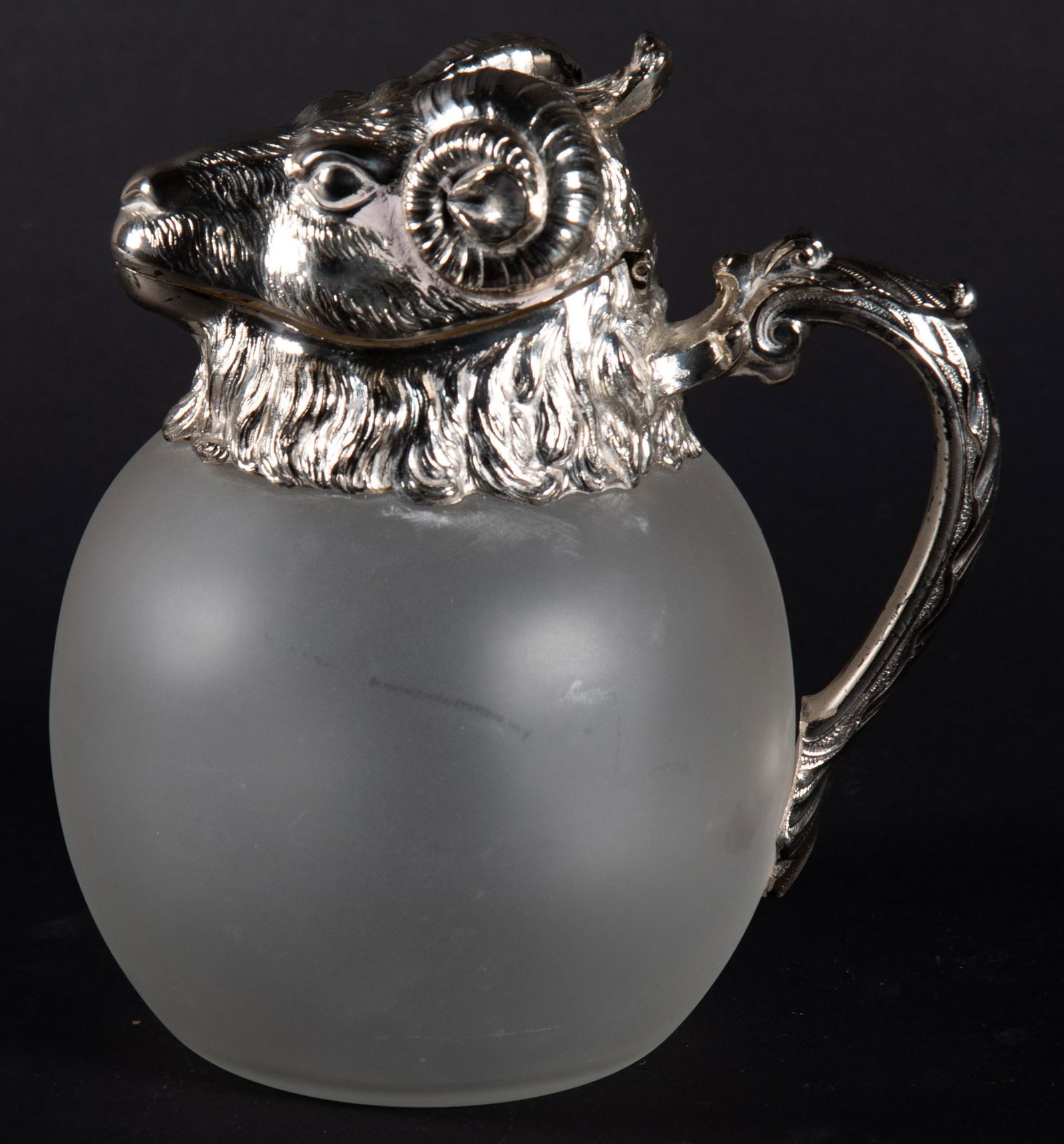 A Silver and Frosted Glass Figural Ram Pitcher (1 of 3)