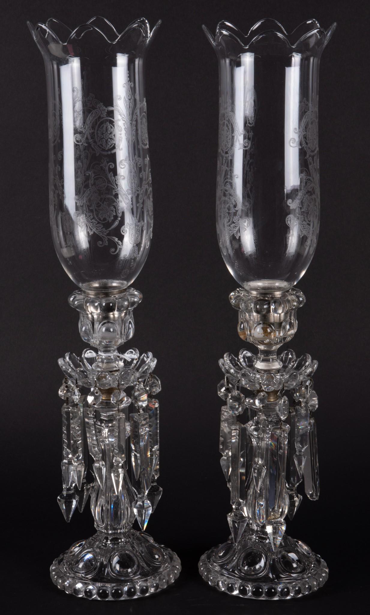 A Pair of Baccarat Crystal Hurricane Lamps, Etched Shades (1 of 3)