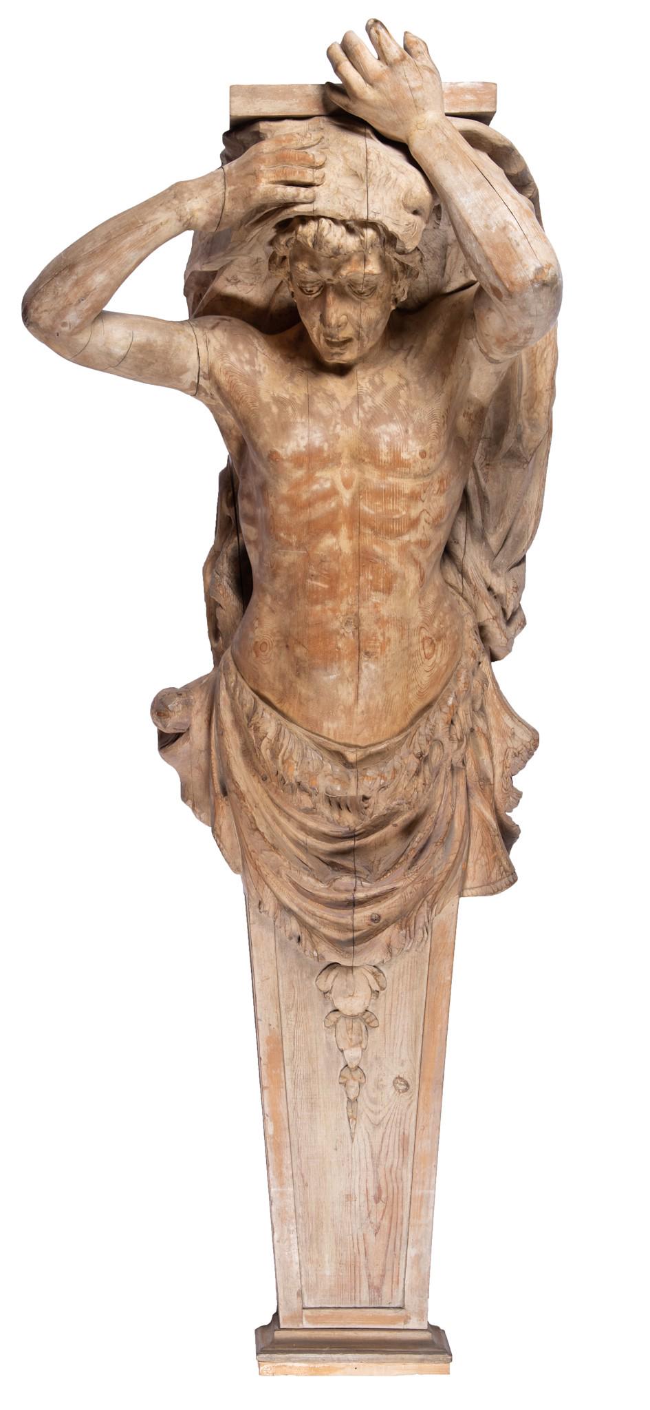Massive Antique Italian Carved Wood Caryatid Figure in the Form of Hercules (1 of 10)