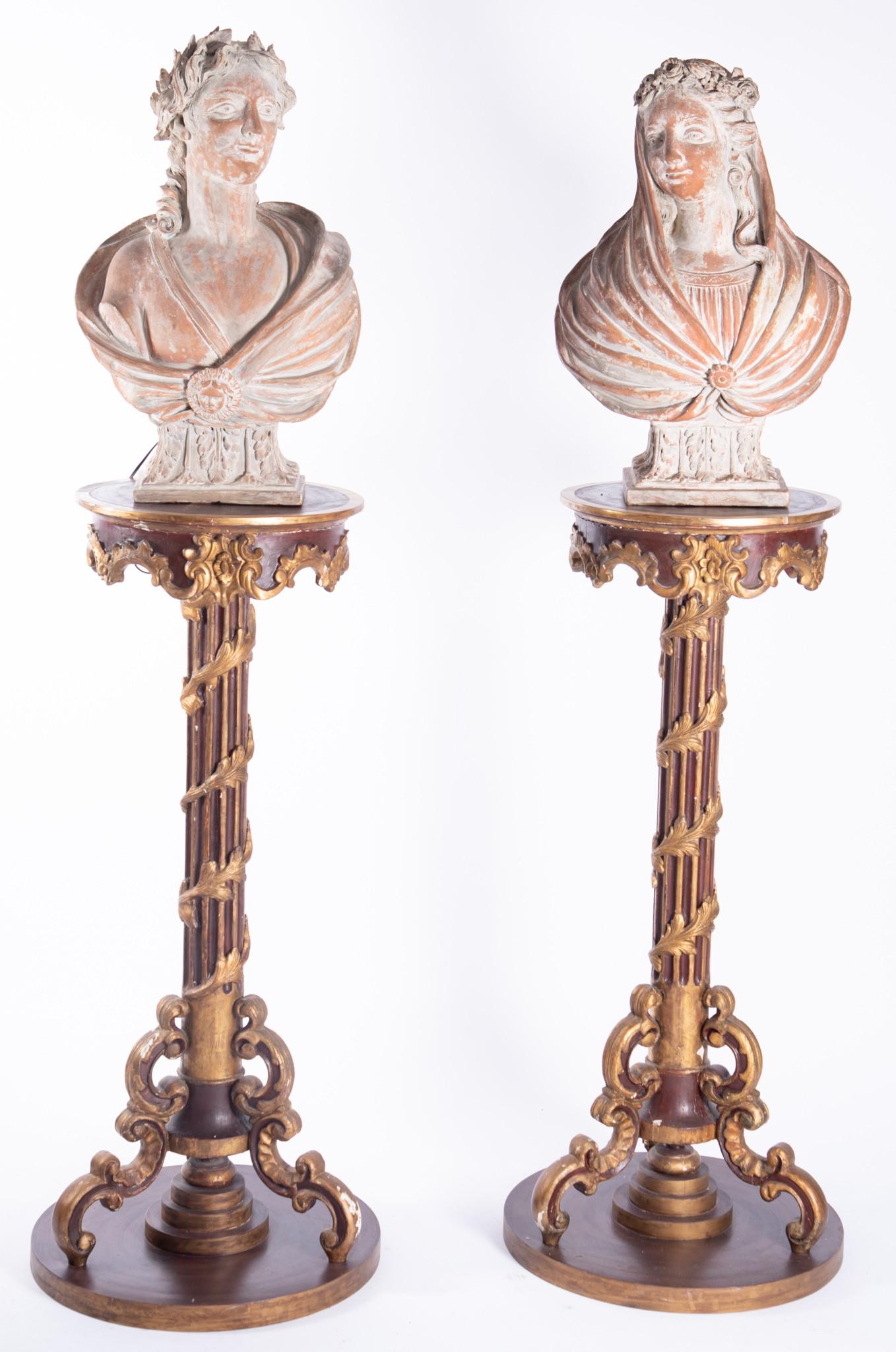 Pair of Large Terra Cotta Busts and Carved Wood Pedestals (1 of 4)