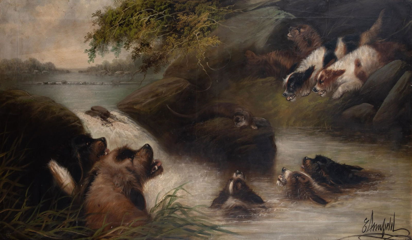 Edward George Armfield, United Kingdom (1817-1896), Terriers in a River, near a Waterfall, oil on (1 of 6)
