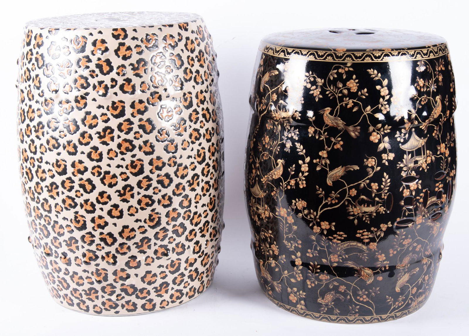 Two Painted Pottery Garden Seats, Leopard and Bird Prints (1 of 5)