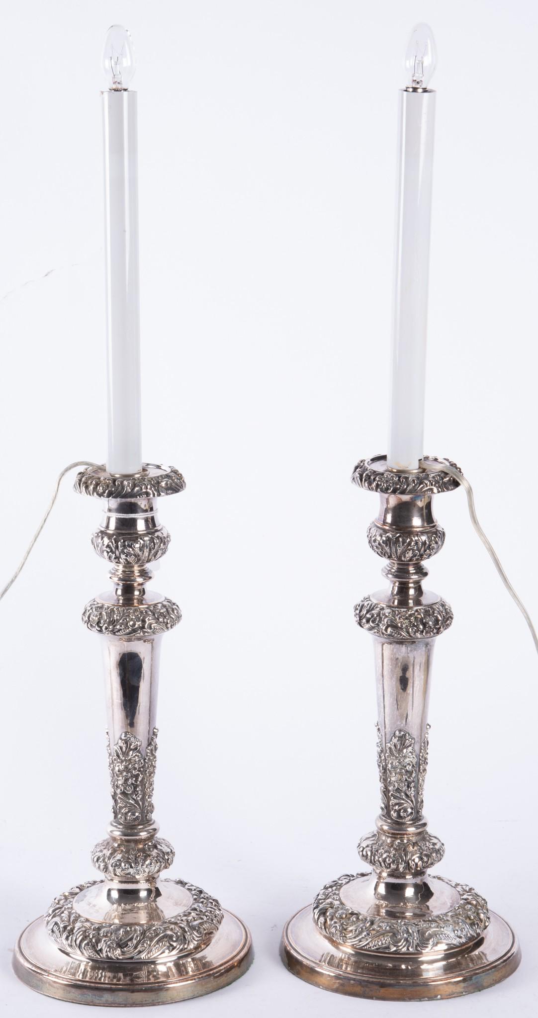 Pair of Antique Sheffield Silver Candlesticks, Electrified (1 of 3)