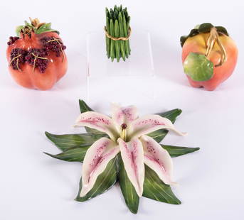 Katherine Houston, Four Hand-Sculpted and Painted Hard Paste Porcelain Figures: Katherine Houston, Four Hand-Sculpted and Painted Hard Paste Porcelain FiguresA Lily, a pomegranate, green beans and an apple; all signed underneath.From the Estate of Bob Hansen, Union, MO