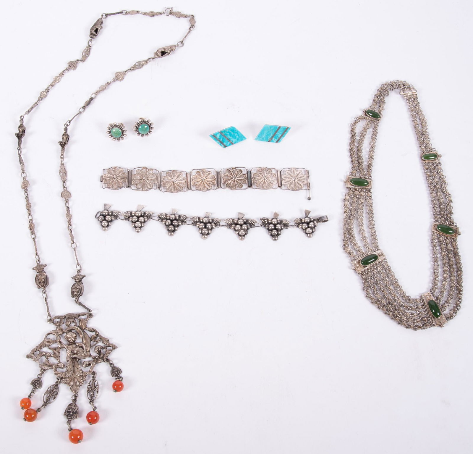 Group Vintage Silver Jewelry, Two Necklaces, Two Bracelets, Two Pairs Earrings (1 of 7)