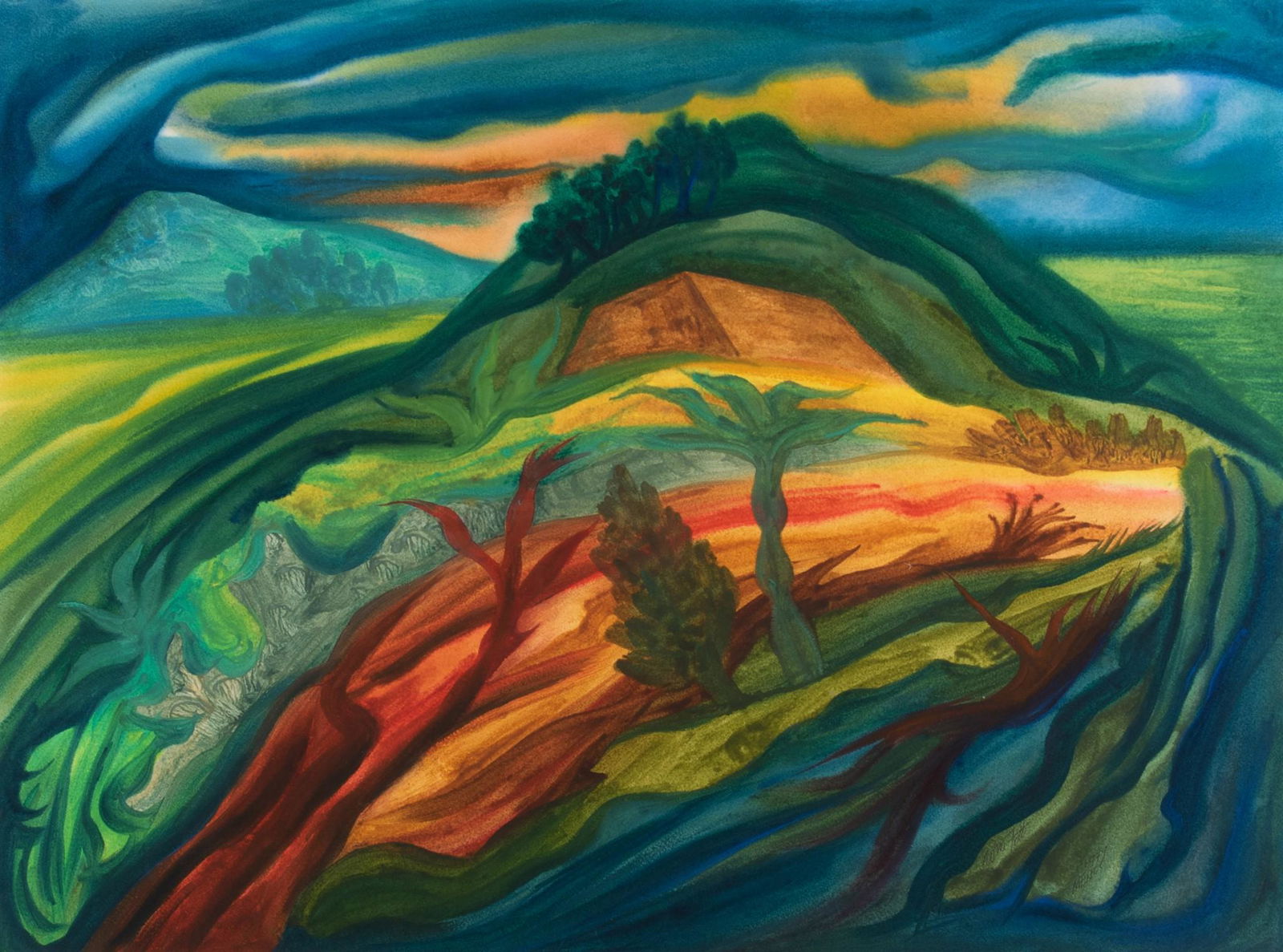 William Fett, Missouri, Michigan / Mexico (1918-2006), Mexican Landscape with Pyramid, 1979, (1 of 6)