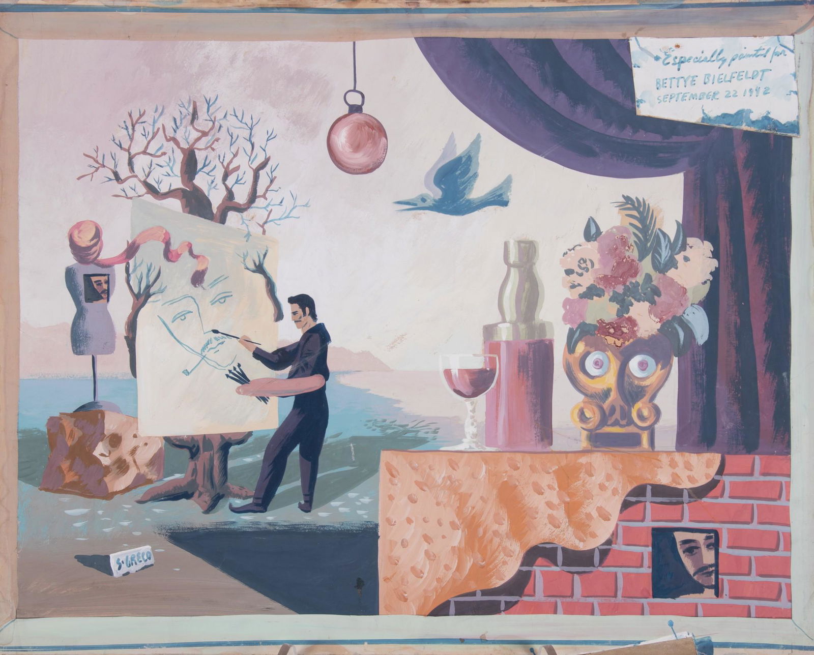 Simon Greco, Missouri 20th Century, Surreal Composition with Artist at Easel, oil on board (1 of 6)