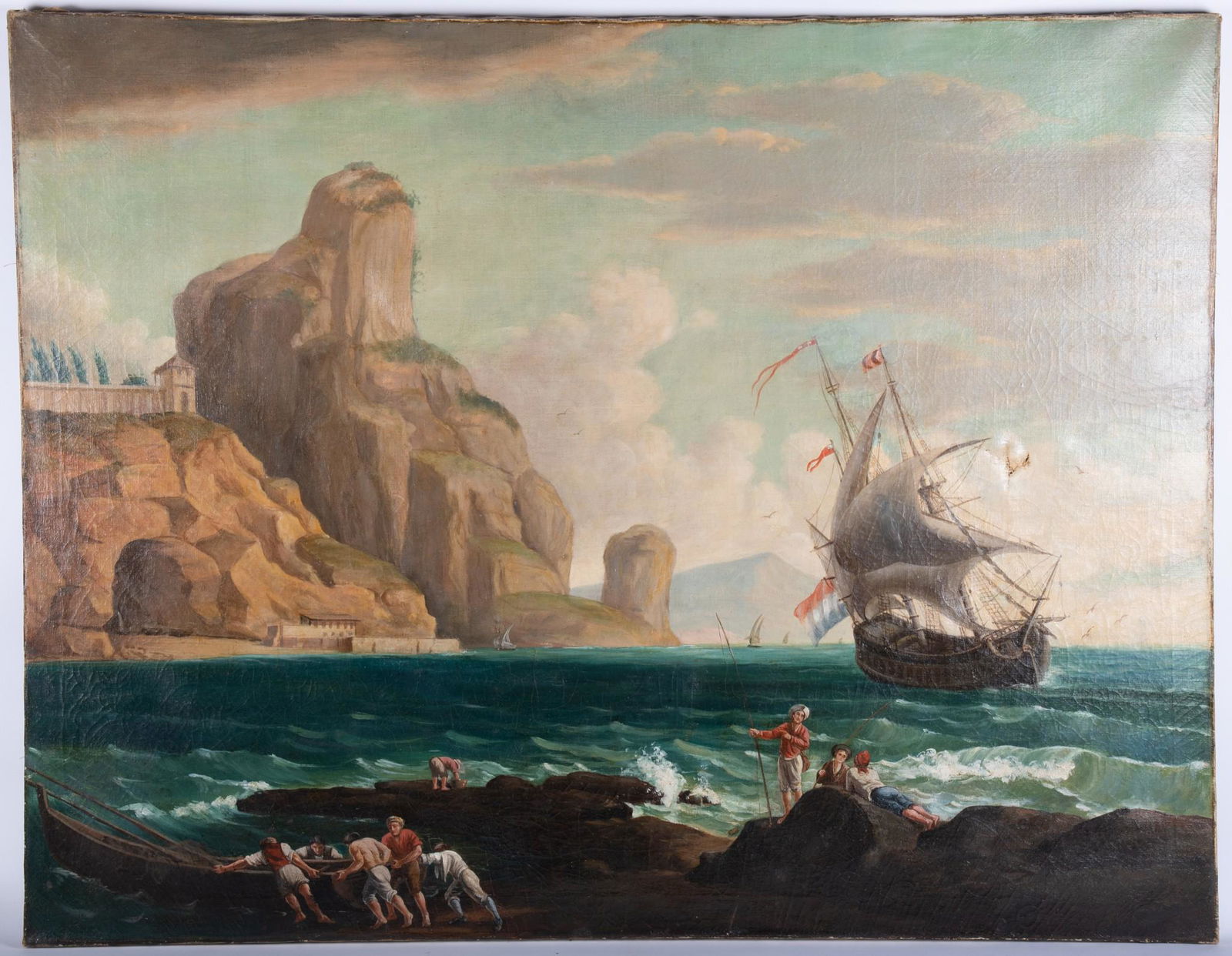 , Continental School 19th Century, Mediterranean Coastal Scene with Foreground Figures and Cliper (1 of 7)