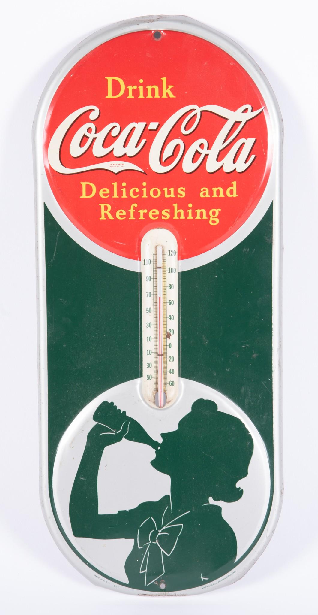 1940 lithographed tin "Drink Coca-Cola - Delicious and Refreshing" Silhouette Thermometer. (1 of 3)