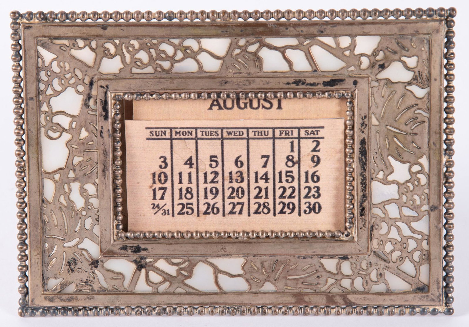 Tiffany Studios Grapevine Desk Calendar: Tiffany Studios Grapevine Desk Calendar Pierced silver grapevine pattern over slag glass, marked Tiffany Studios, New York, 925 4 1/2 x 6 1/4 inches