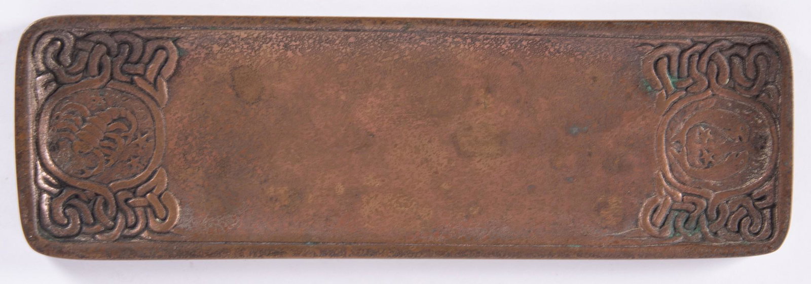 Tiffany Studios Zodiac Pattern Bronze Pen Tray: Tiffany Studios Zodiac Pattern Bronze Pen Tray With Scorpio and Pisces at either end, marked Tiffany Studios, New York, 1000. Length: 9 3/4 inches; Width: 3 1/8 inches