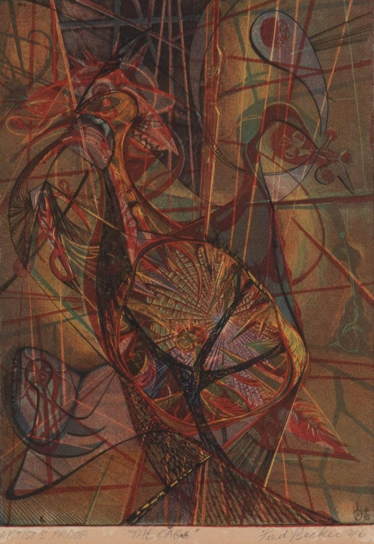 Fred Becker, American (1913-2004), The Cage, 1946, four plate color engraving, artist's proof (1 of 4)