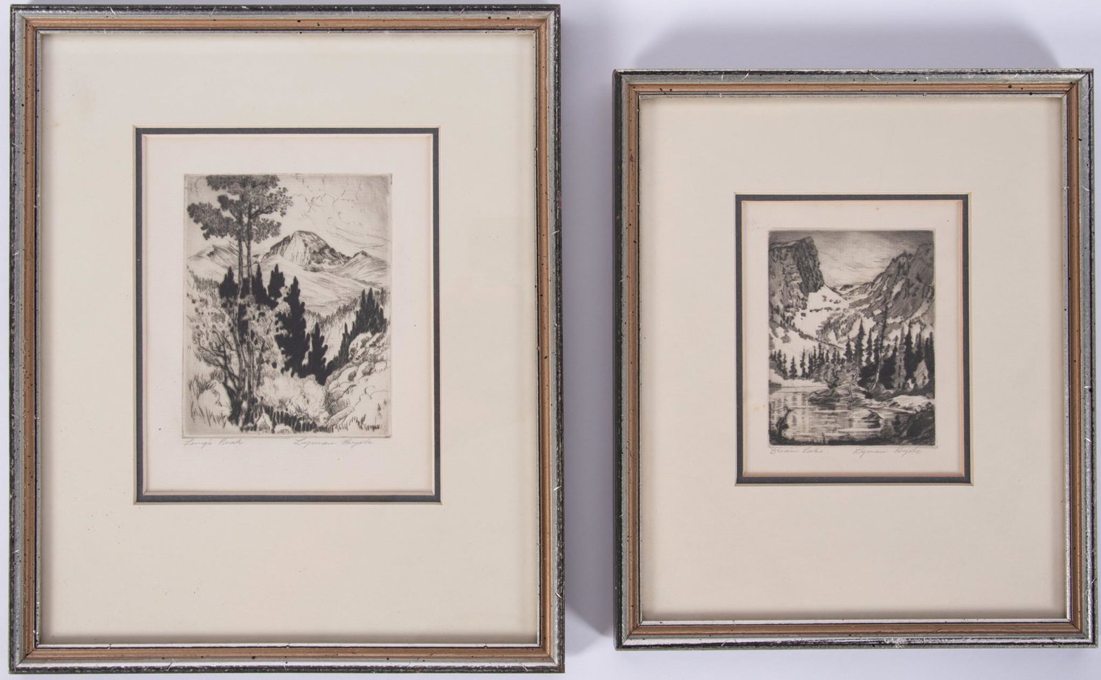 Lyman Byxbe, Colorado (1886-1980), Dream Lake, and Long's Peak, two drypoint etchings: Lyman ByxbeColorado, (1886-1980)Dream Lake, and Long's Peaktwo drypoint etchingsboth signed and titled in pencil, framed.4 3/4 x 3 3/4 inches; 4 x 2 7/8 inches