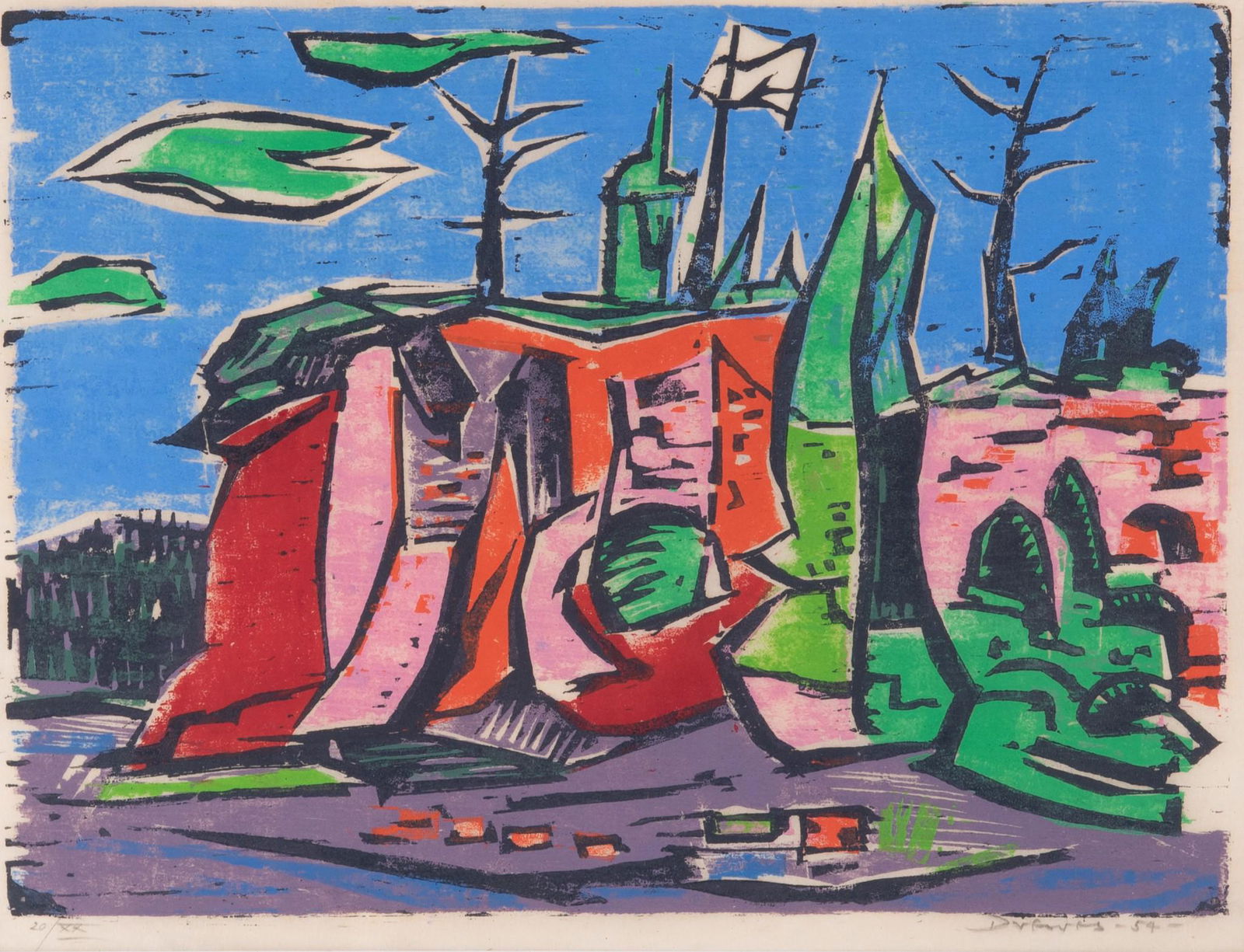 Werner Drewes, New York / Missouri (1899-1985), Red Rock, 1954, woodcut in six colors on Japon, ed. (1 of 4)